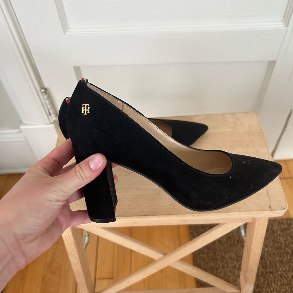 Black velvet block heels